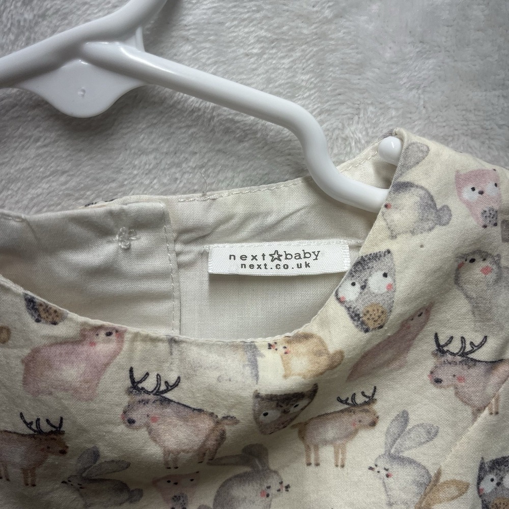 NEXT Baby Dress Baby Girl 9-12m Woodland Animals Forest Deer Bear Lined Cotton - Picture 2 of 5